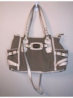 Michael Kors Gansevoort Canvas Satchel Leather Handbag Tan White